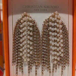 Christian Siriano Gold Tone Bridal Wedding Rhinestone Pearls Waterfall Earrings